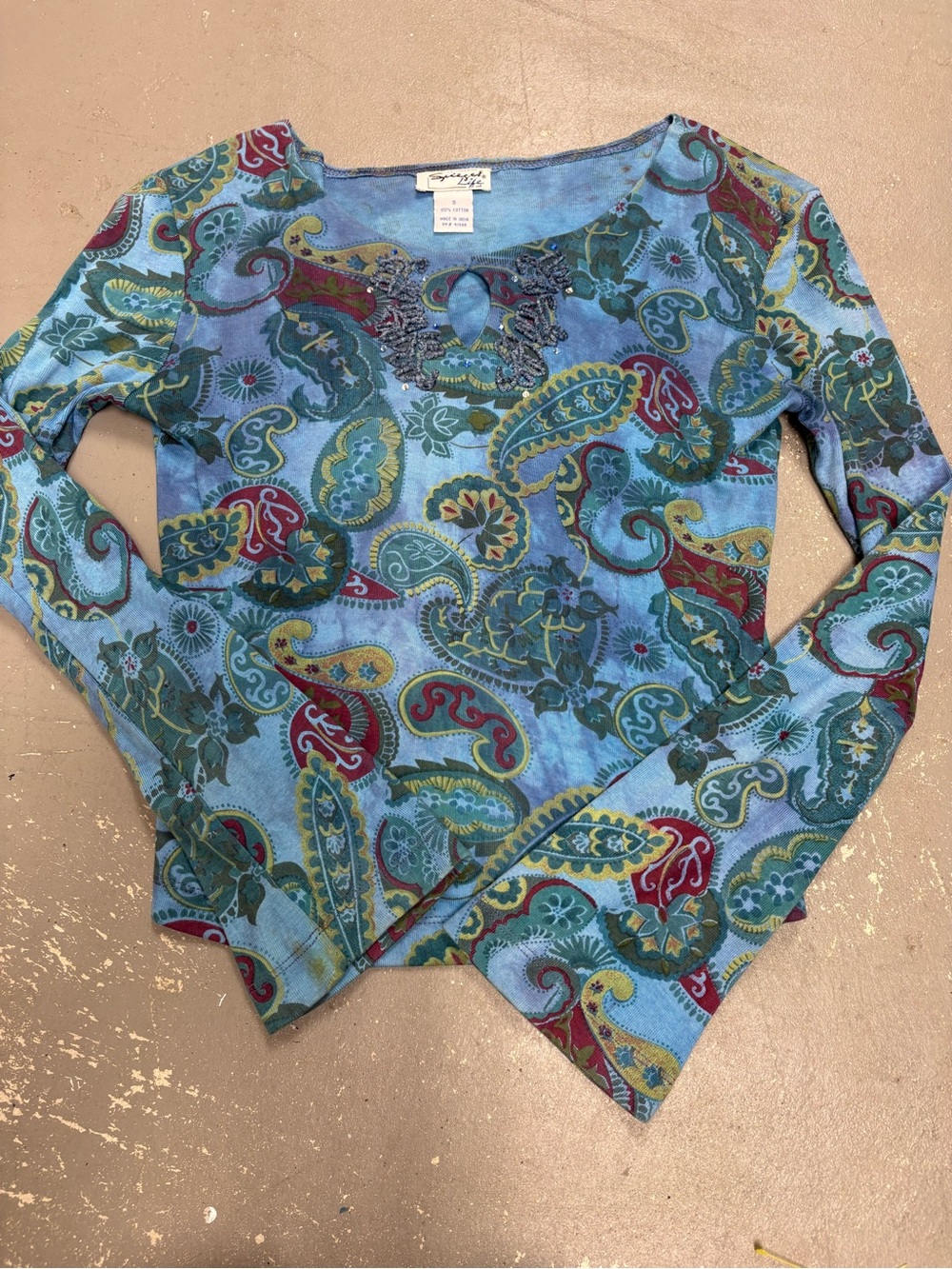 Vintage Y2K Spiegel Life Paisley Keyhole Top Embellished Blue Small Grandmacore